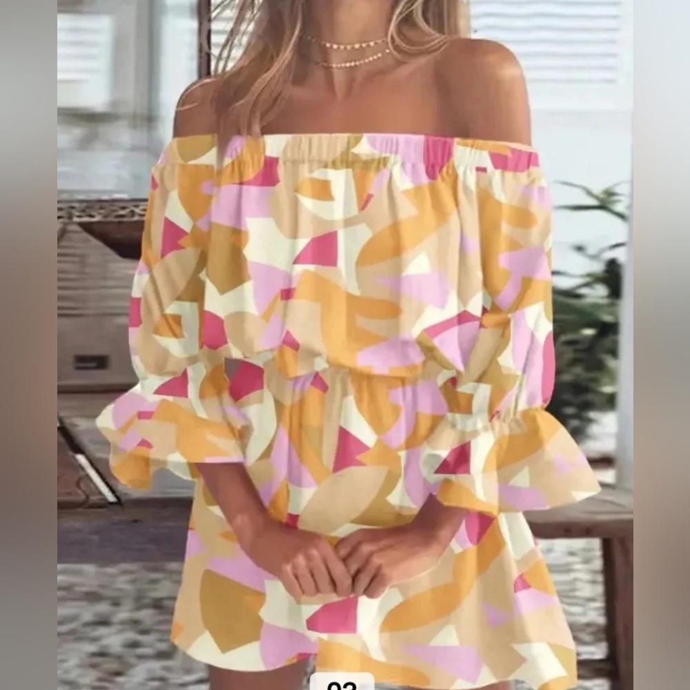 Women's Off-Shoulder Mini Dress in Yellow Multi